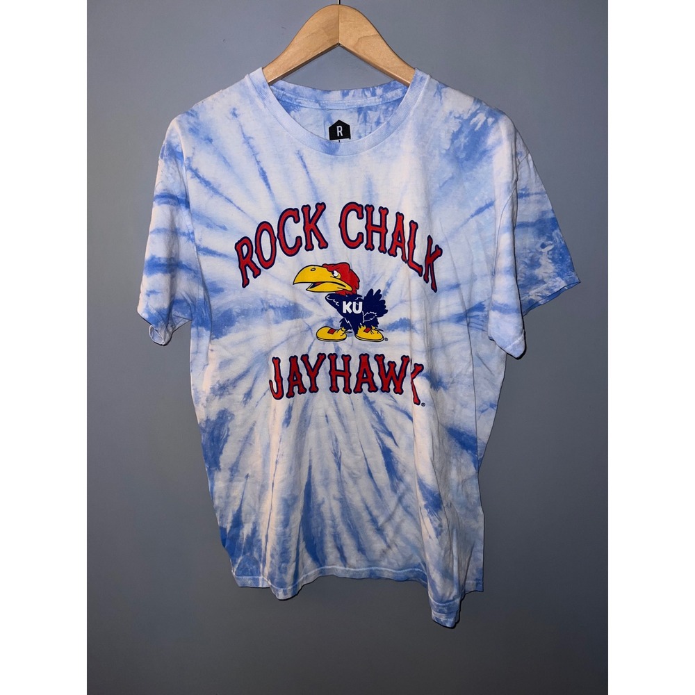 Kansas Jayhawks Rock Chalk Tie Dye Graphic T-Shirt Blue White Mens Large